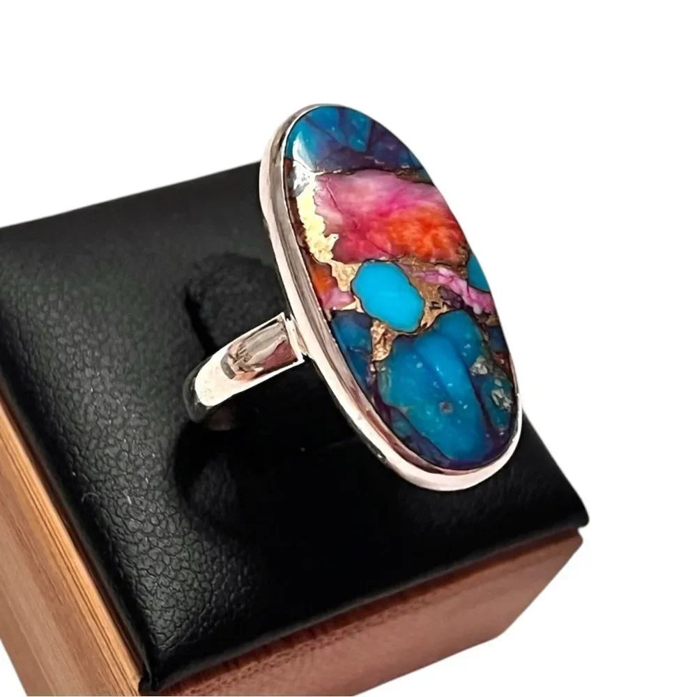 Artisan Sterling Silver Blue Turquoise Spiny Oyster Copper Ring Size 8
